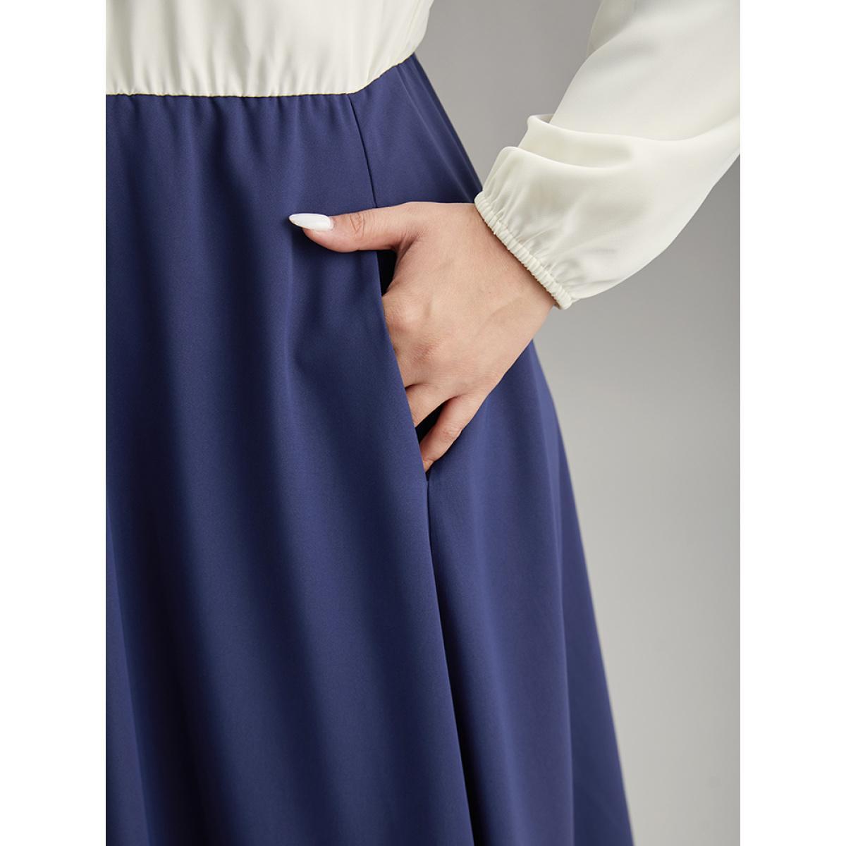 Plus Size Static-Free Contrast Button Detail Pocket Dress DarkBlue Women Elegant Elastic cuffs Round Neck Long Sleeve Curvy Midi Dress BloomChic 28/5X Product Image