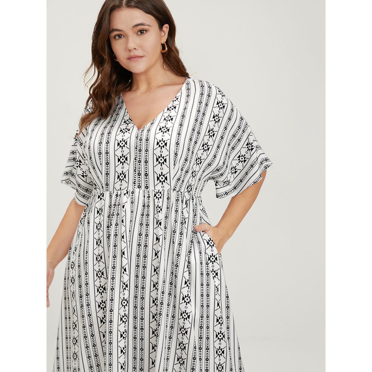 Plus Size Striped Dolman Sleeve Pocket Hanky Hem Dress White Women Vacation Elastic Waist V-neck Half Sleeve Curvy Midi Dress BloomChic 28/5X Product Image