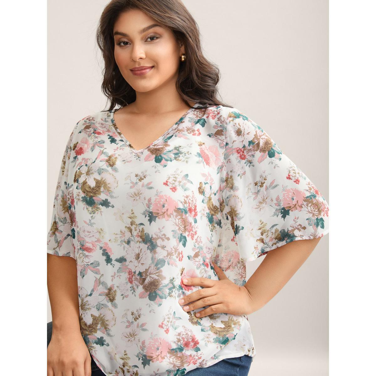Plus Size Ivory Large Flower Print Sheer Lined Shirt Women Half Sleeve V-neck Everyday-Elegant Blouses BloomChic 14-16/1X Product Image