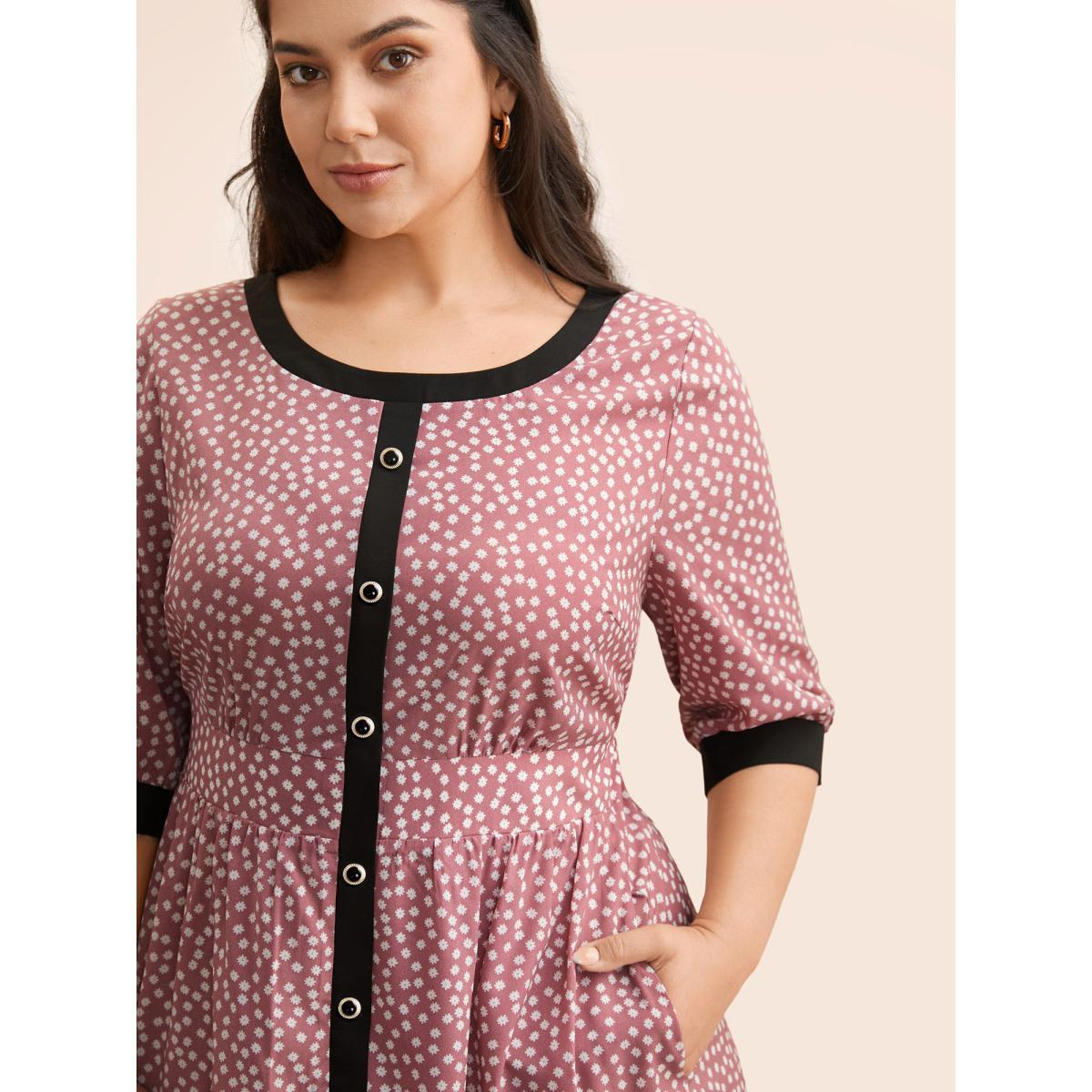Plus Size Ditsy Floral Contrast Trim Button Detail Dress DustyPink Women Elegant Gathered Boat Neck Half Sleeve Curvy BloomChic 30/6X Product Image