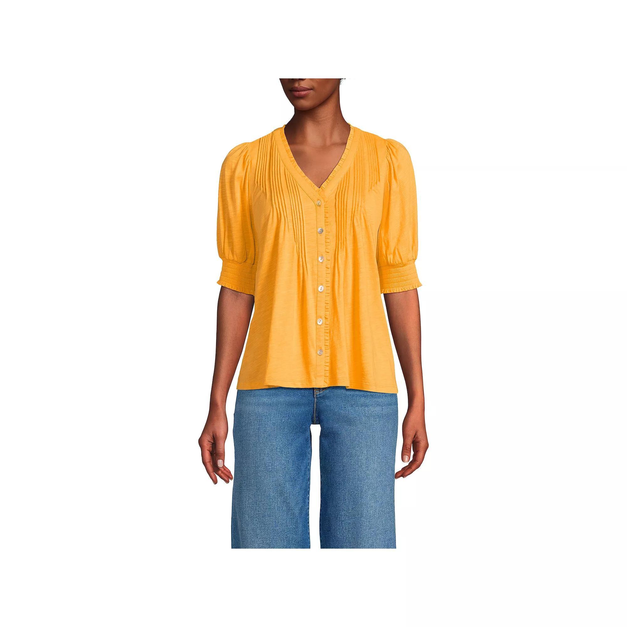 Women's Lands' End Button Pintuck Puff Sleeve Top, Size: XL, White Product Image