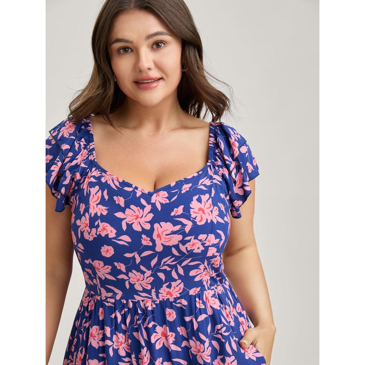 Plus Size Rayon Silhouette Flower Ruffled Sleeve Midi Dress Multicolor Women V-neck Cap Sleeve Curvy BloomChic 10/M Product Image