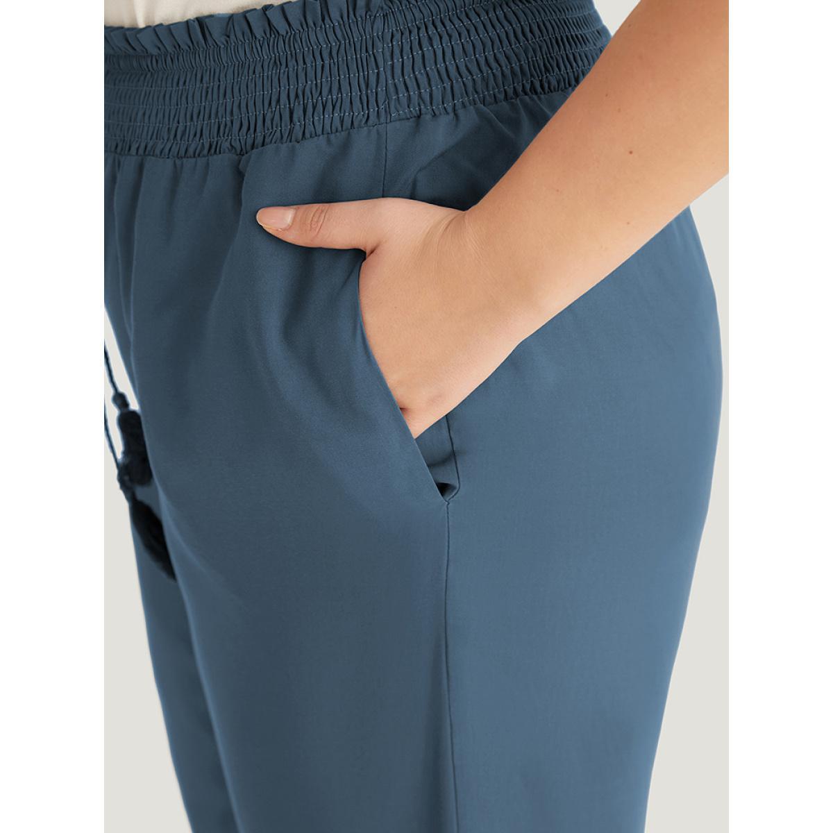 Plus Size Solid Shirred Bowknot Paperbag Waist Patchwork Pants Women Aegean Casual Straight Leg High Rise Dailywear Pants BloomChic 22-24/3X Product Image
