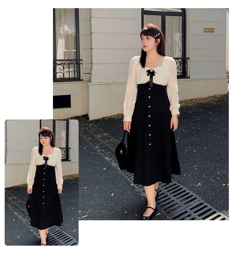 Plus Size Long-Sleeve Two Tone Lace Panel Button Midi A-Line Dress Product Image