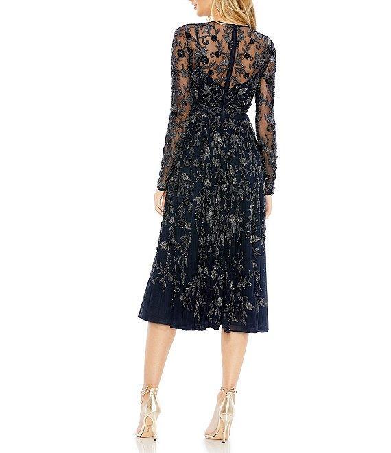 Mac Duggal Illusion Crew Neck Long Sheer Sleeve Beaded A-Line Midi Dress Product Image