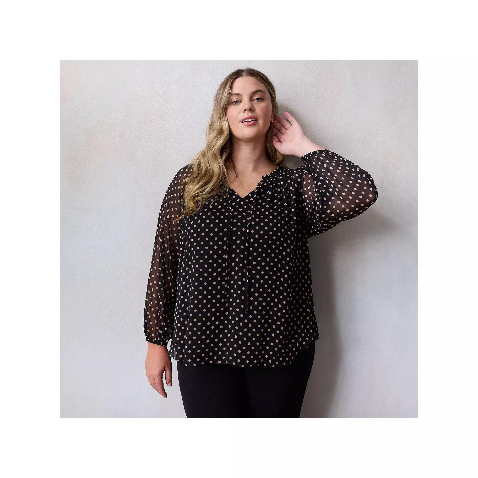 Plus Size LC Lauren Conrad Tie Front Peasant Top, Women's, Size: 2XL, Black Clara Dot Product Image