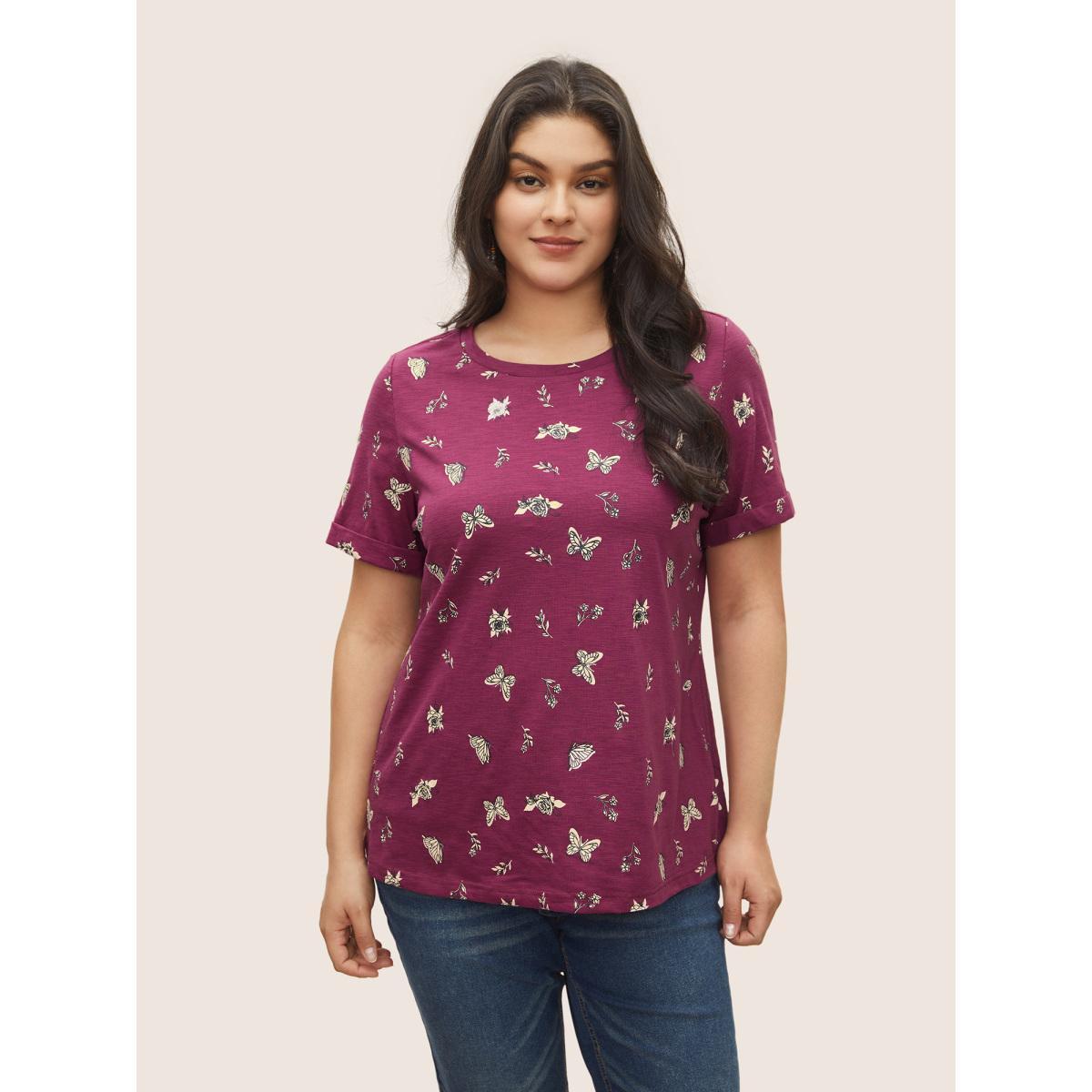 Plus Size Butterfly Print Cuffed Sleeve T-shirt Purple Women Resort Non Animal Round Neck Vacation T-shirts BloomChic 10/M Product Image