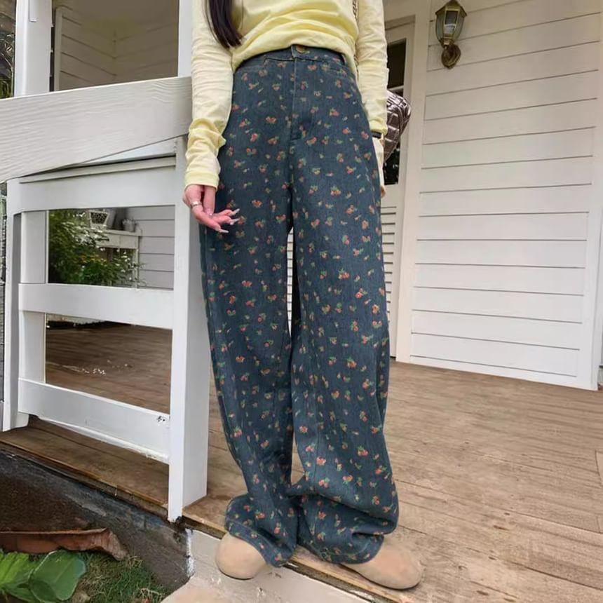 High Waist Floral Print Loose-Fit Wide-Leg Pants Product Image