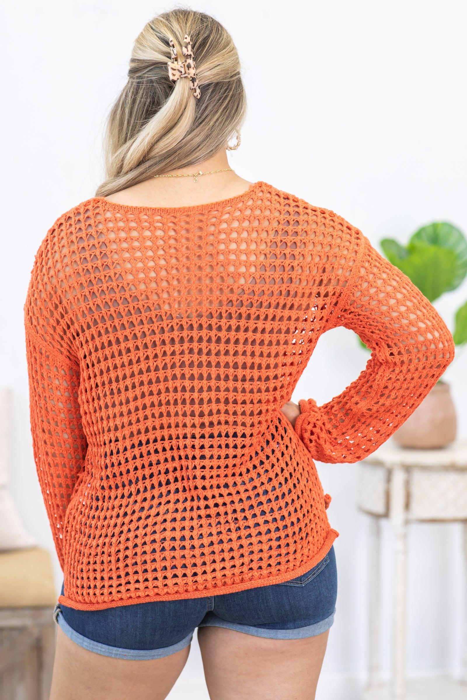 Orange Open Knit Crochet Bell Sleeve Knit Top Product Image