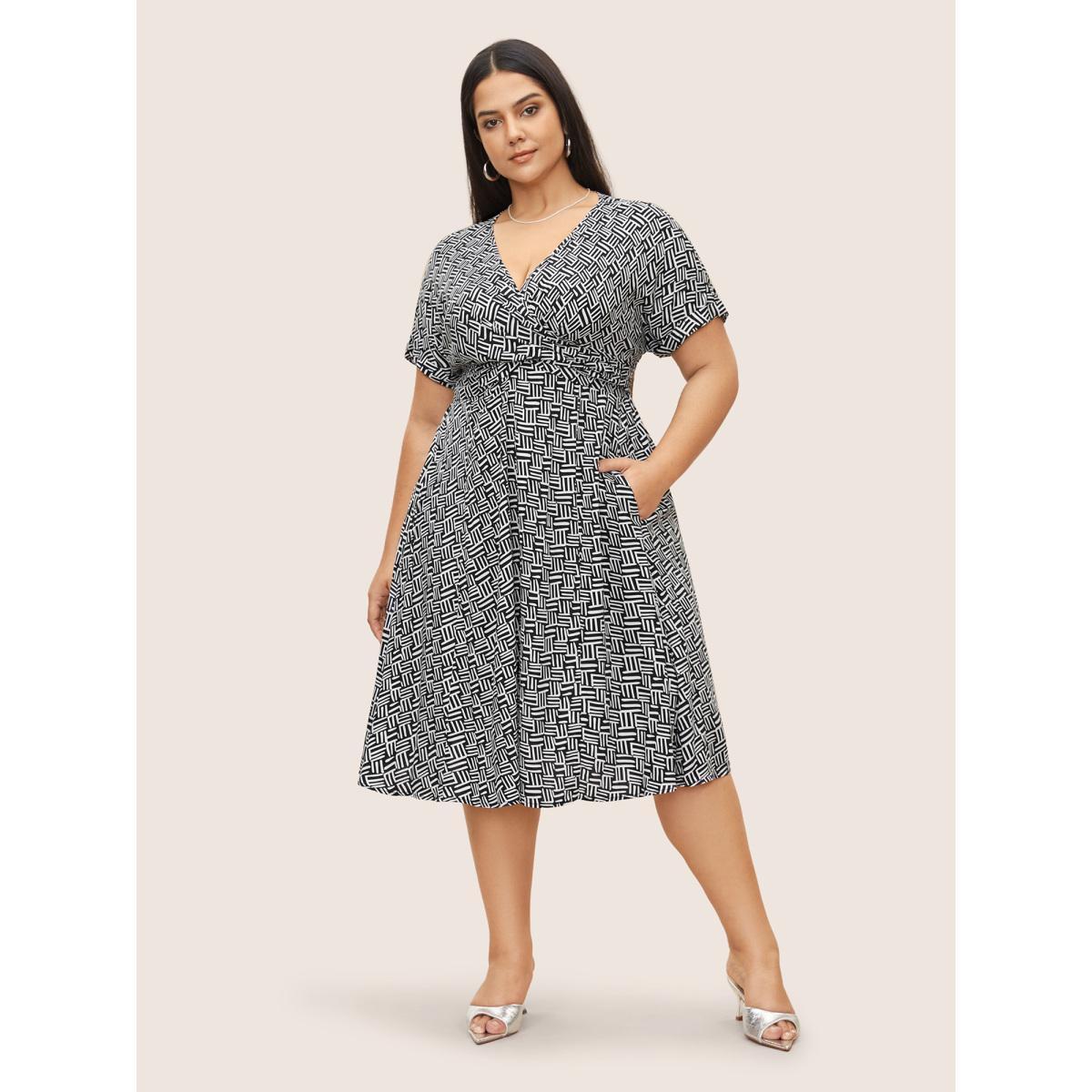 Plus Size Rayon Geometric Overlap Collar Ties Dress BlackFlower Women At the Office Overlapping Overlap Collar Short sleeve Curvy Midi Dress BloomChic 10/M Product Image