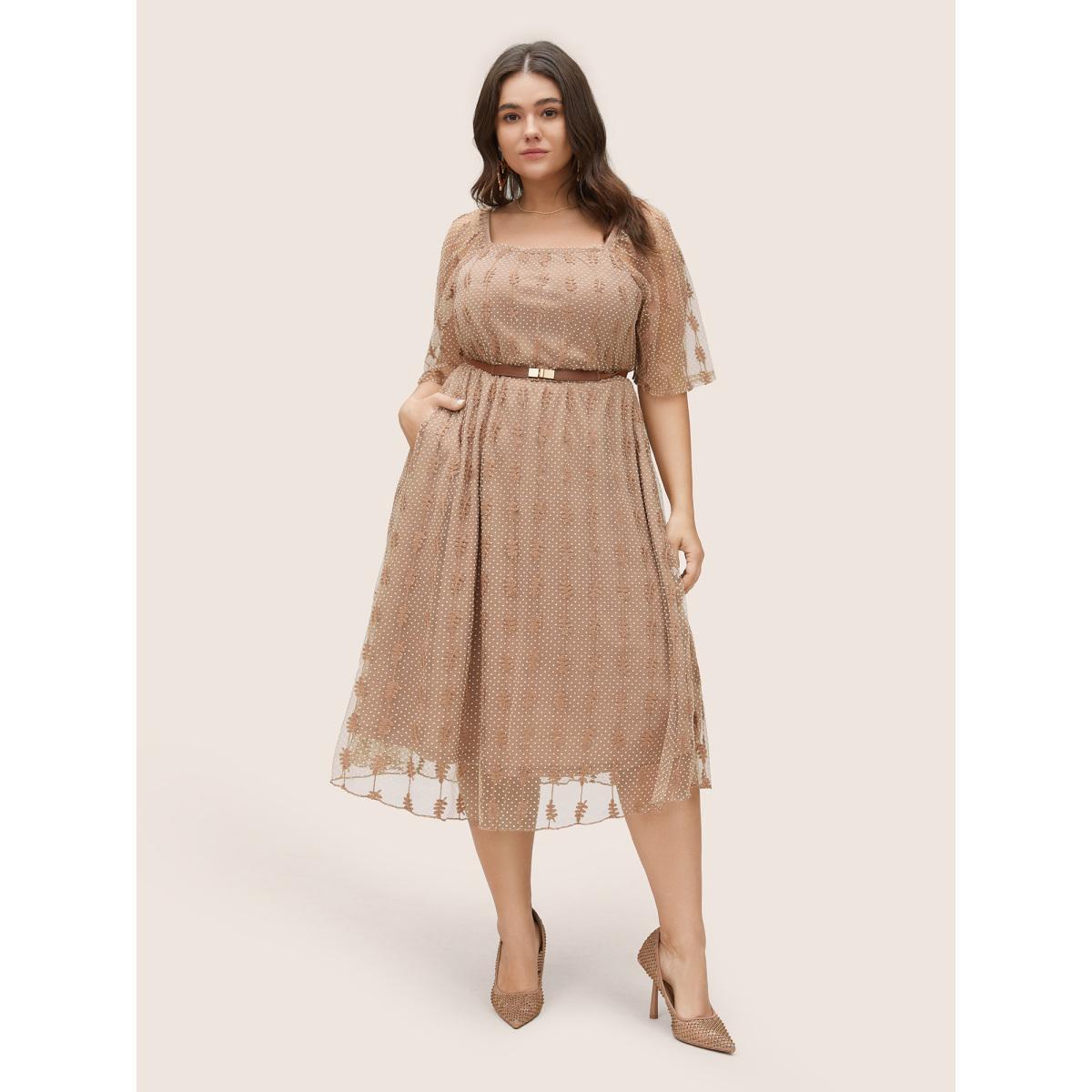 Plus Size Square Neck Texture Embroidered Mesh Dress Tan Women Elegant Non Square Neck Short sleeve Curvy Midi Dress BloomChic 28/5X Product Image