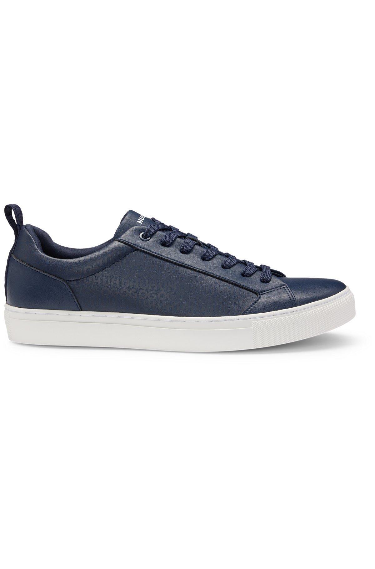 HUGO - Faux-leather trainers with tonal monograms - Dark Blue Product Image