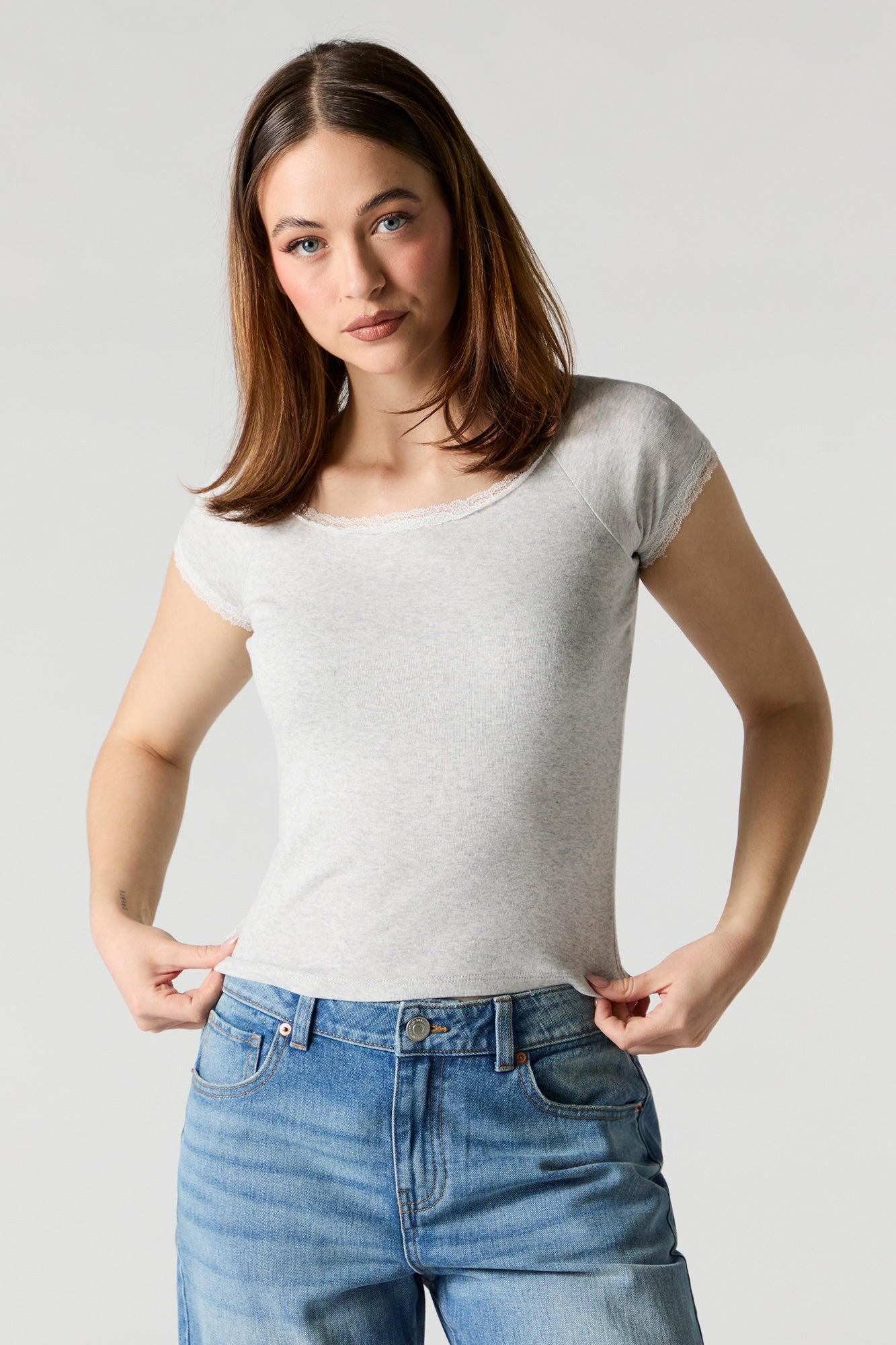 Scoop Neck Lace Trim T-Shirt Female Product Image