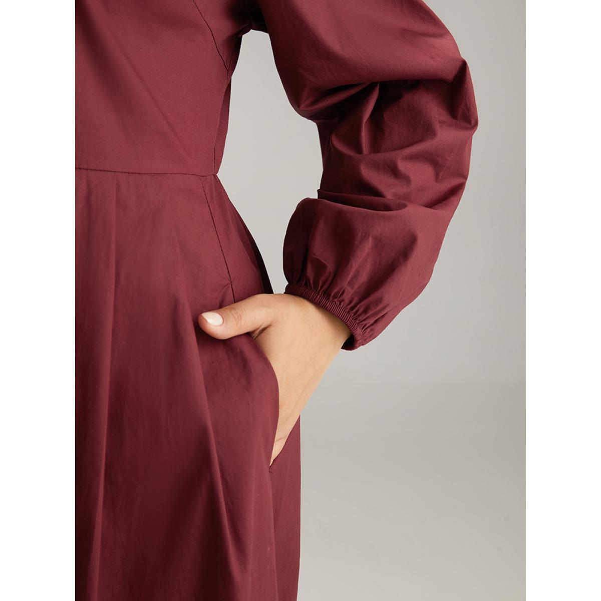Plus Size Cotton Button Detail Elastic Cuffs Dress Burgundy Women Elegant Elastic cuffs V-neck Long Sleeve Curvy Midi Dress BloomChic 14-16/1X Product Image