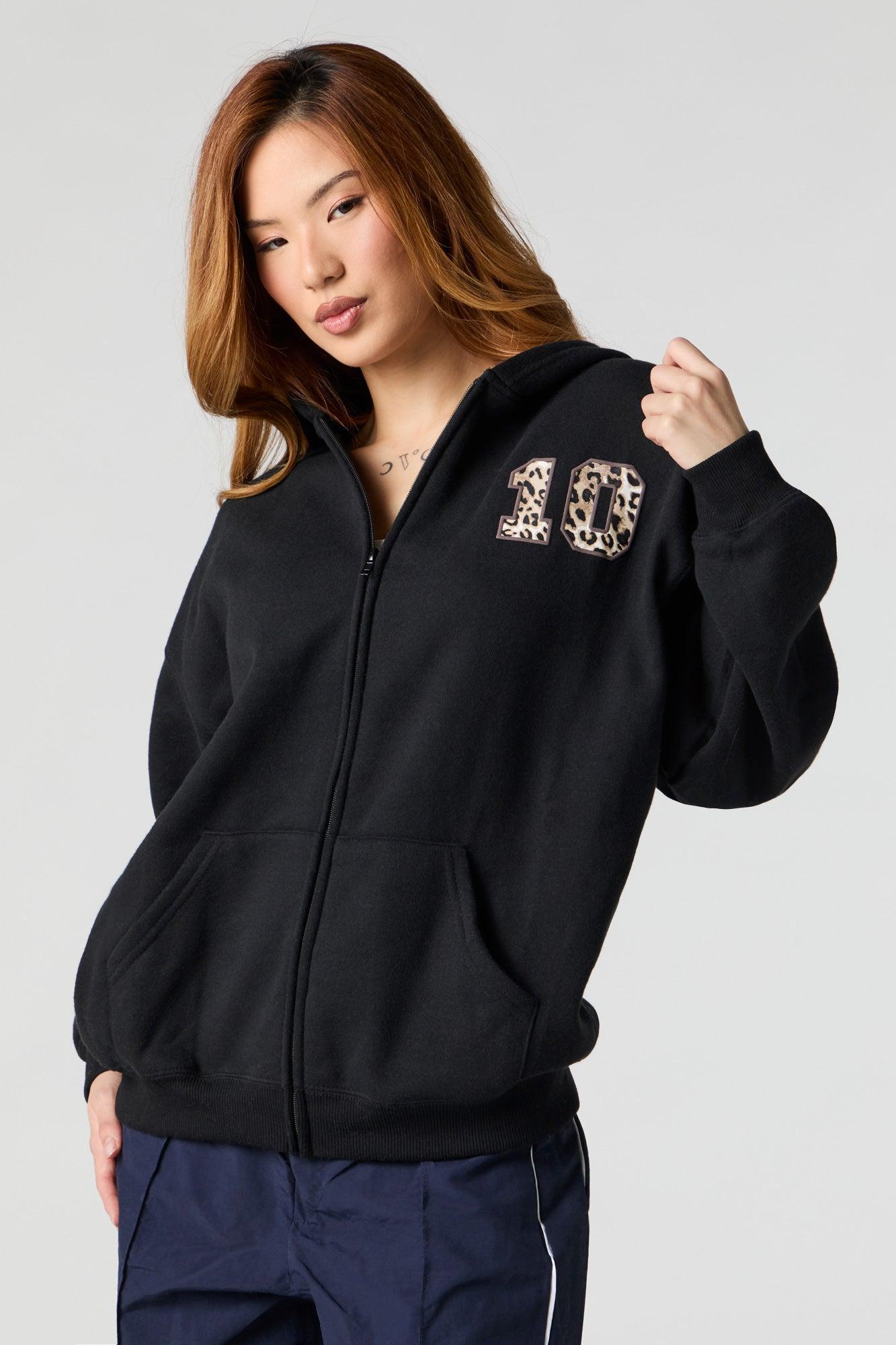 Oversized Printed Zip-Up Fleece Hoodie Female Product Image