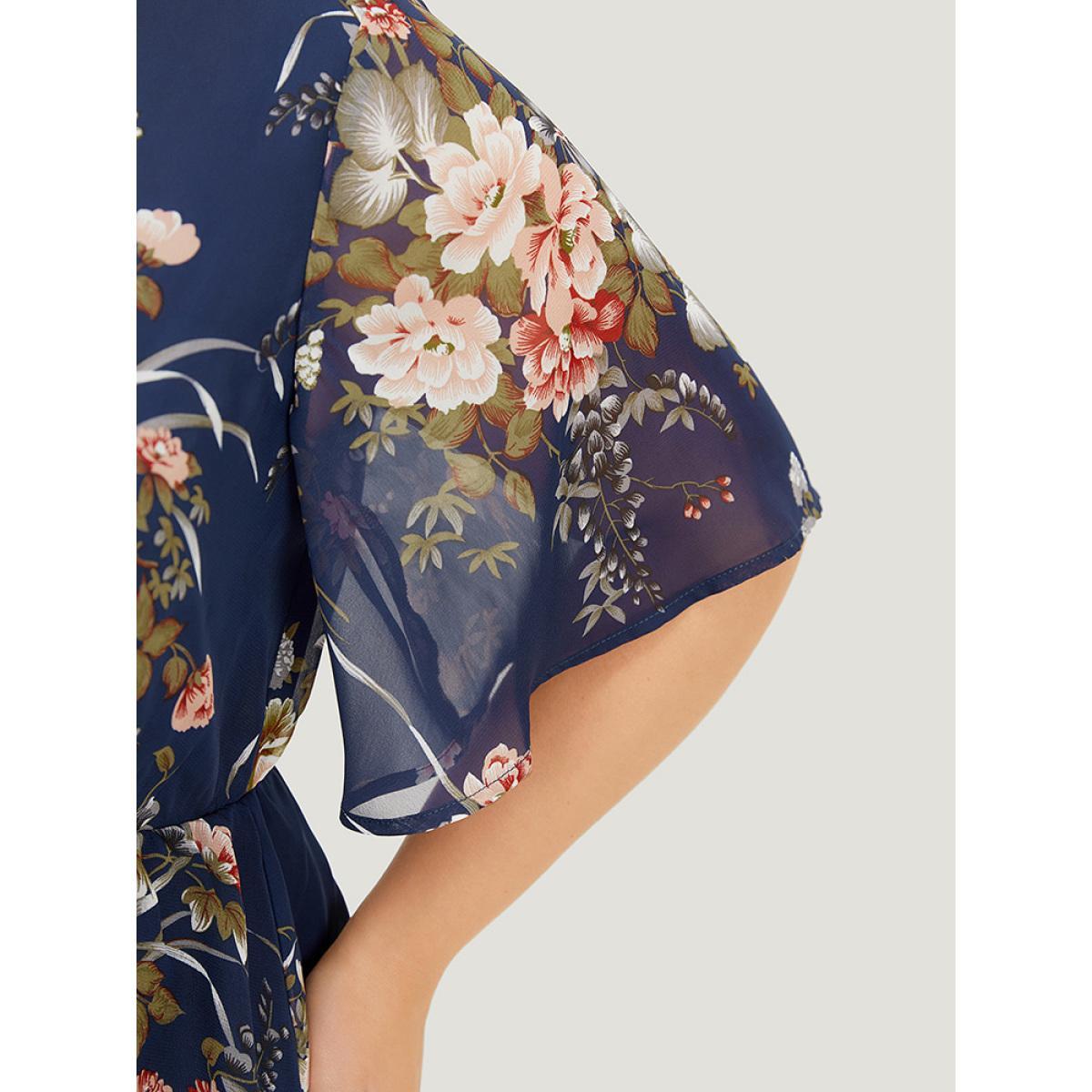 Plus Size Indigo Floral Wrap Mesh Sleeve Blouse Women Elegant Half Sleeve V-neck Dailywear Blouses BloomChic 28/5X Product Image