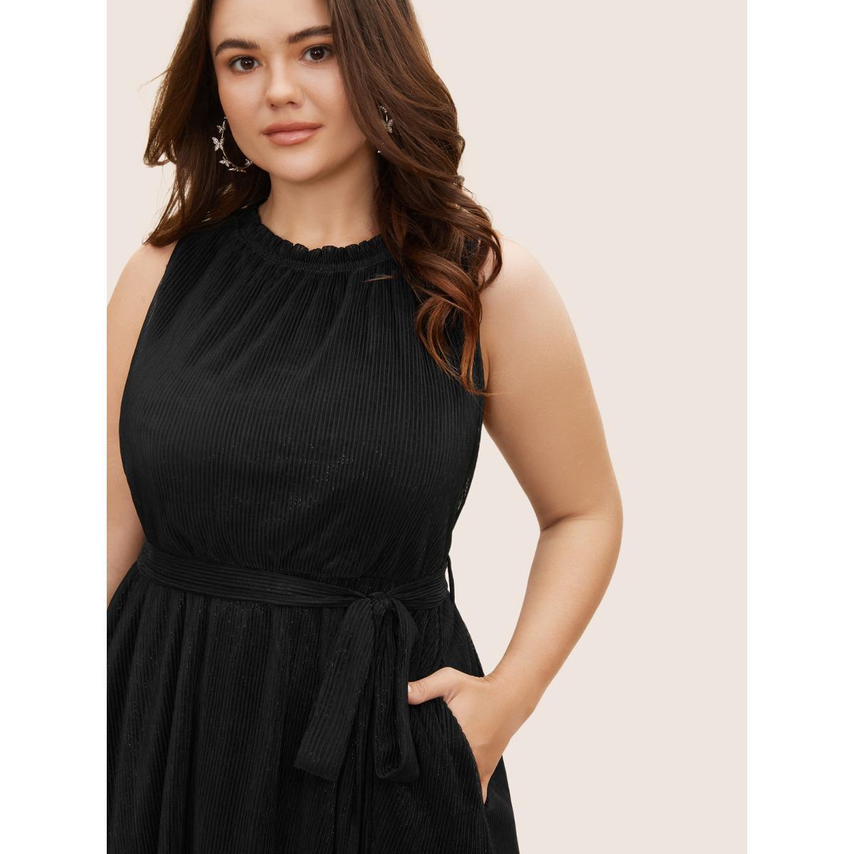 Plus Size Stand Collar Luxe Belted Tank Dress Black Women Formal Texture Stand-up collar Sleeveless Curvy BloomChic 22-24/3X Product Image