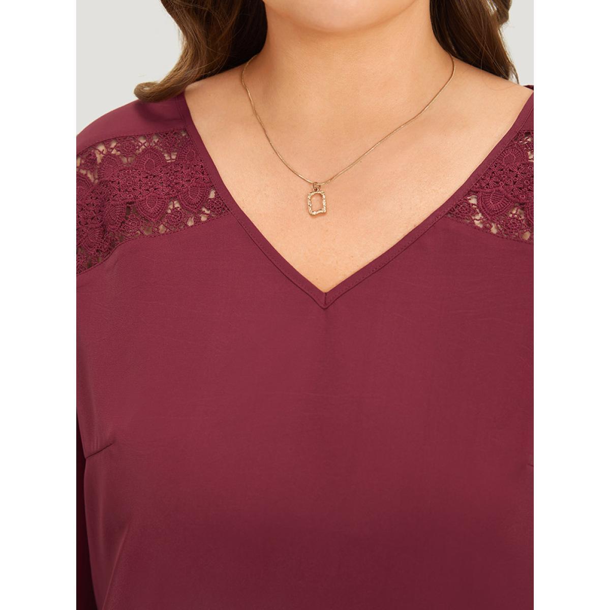 Plus Size Burgundy Solid Contrast Lace Lantern Sleeve Blouse Women Office Elbow-length sleeve V-neck Work Blouses BloomChic 26/4X Product Image