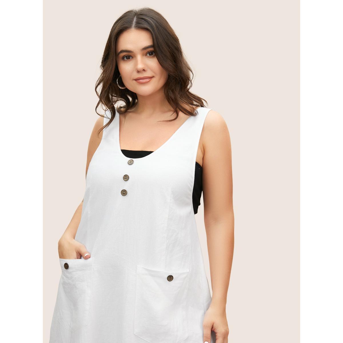 Plus Size Solid Deep V Neck Patch Pocket Dress Originalwhite Women Casual Deep V-neck Sleeveless Curvy BloomChic 18-20/2X Product Image