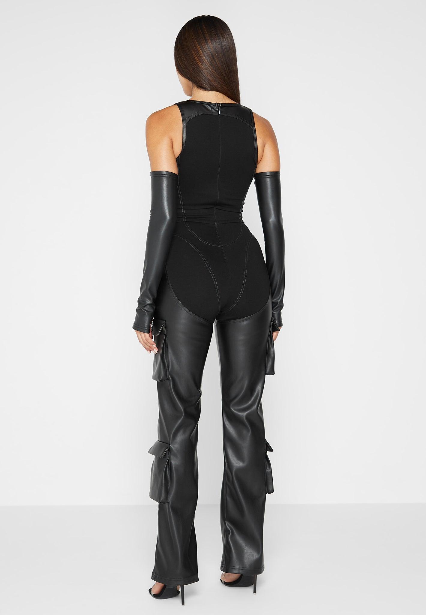 Bandage and Leather Racer Neck Cargo Pocket Jumpsuit - Black Female Product Image