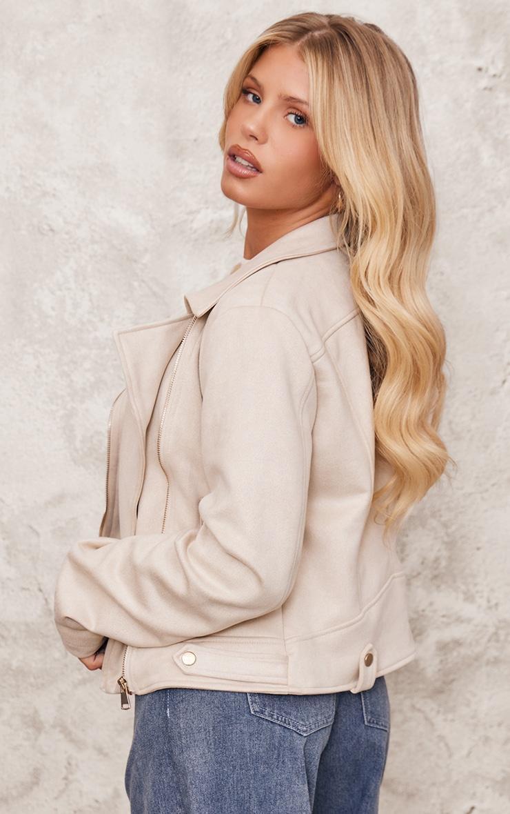 Cream Faux Suede Minimal Biker Jacket Product Image
