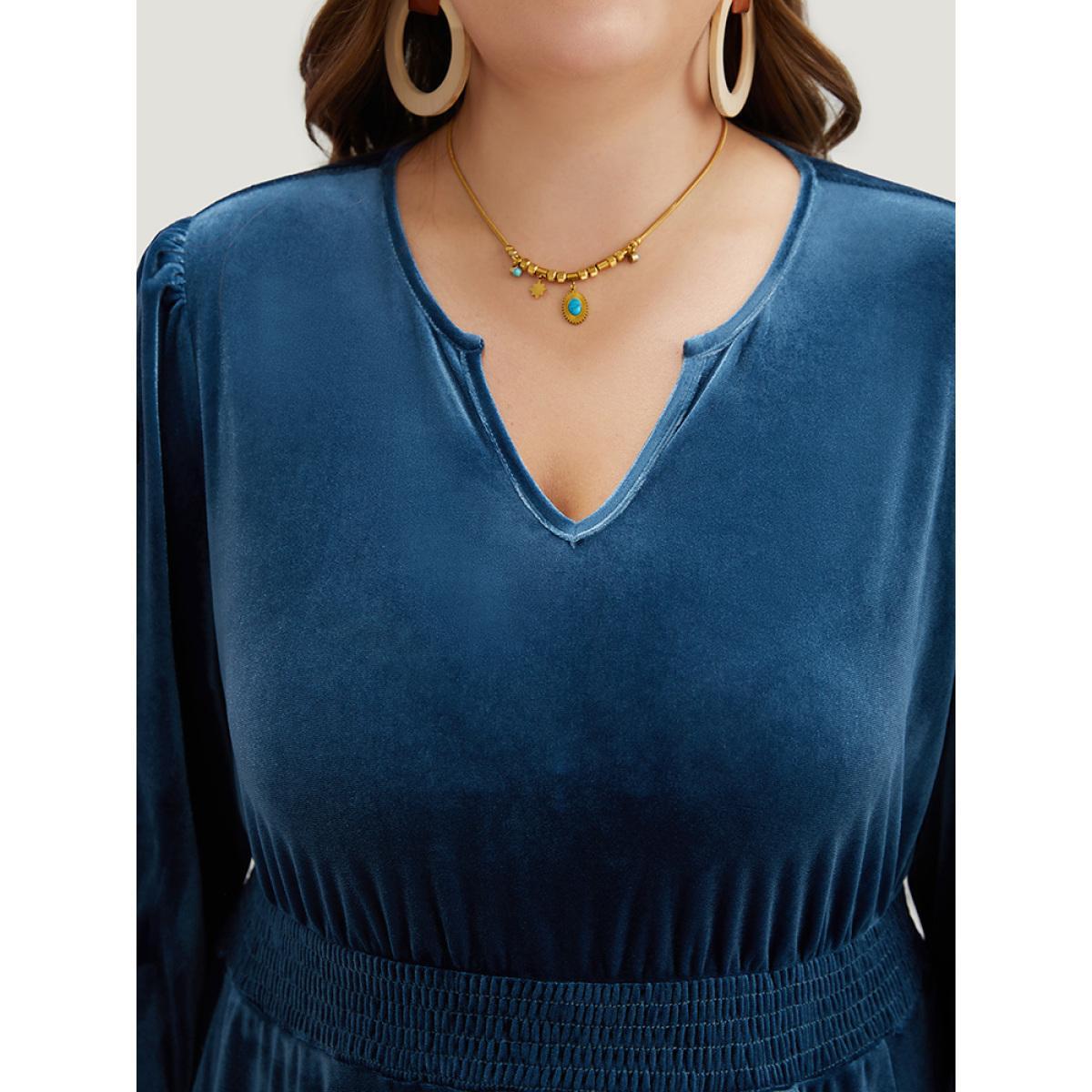 Plus Size Velvet Solid Notched Shirred Tiered Hem Dress Cerulean Women Vacation Elastic cuffs Notched collar Elbow-length sleeve Curvy Midi Dress BloomChic 30/6X Product Image