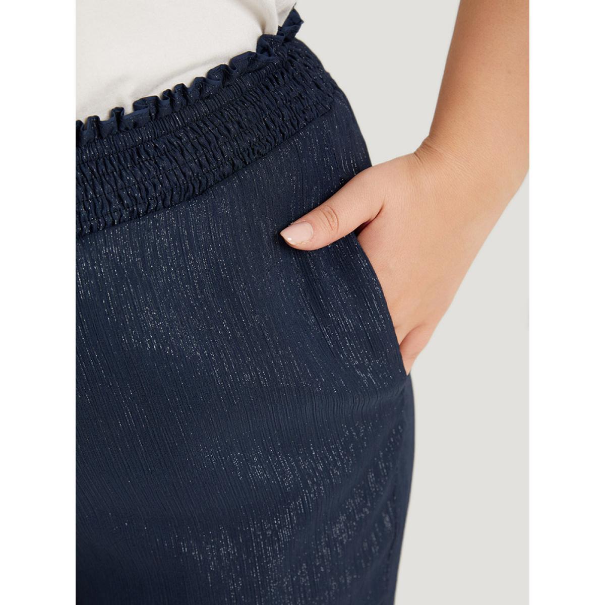 Plus Size Plain Glitter Shirred Waist Pocket Pants Women Indigo Glamour High Rise Going out Pants BloomChic 12/L Product Image