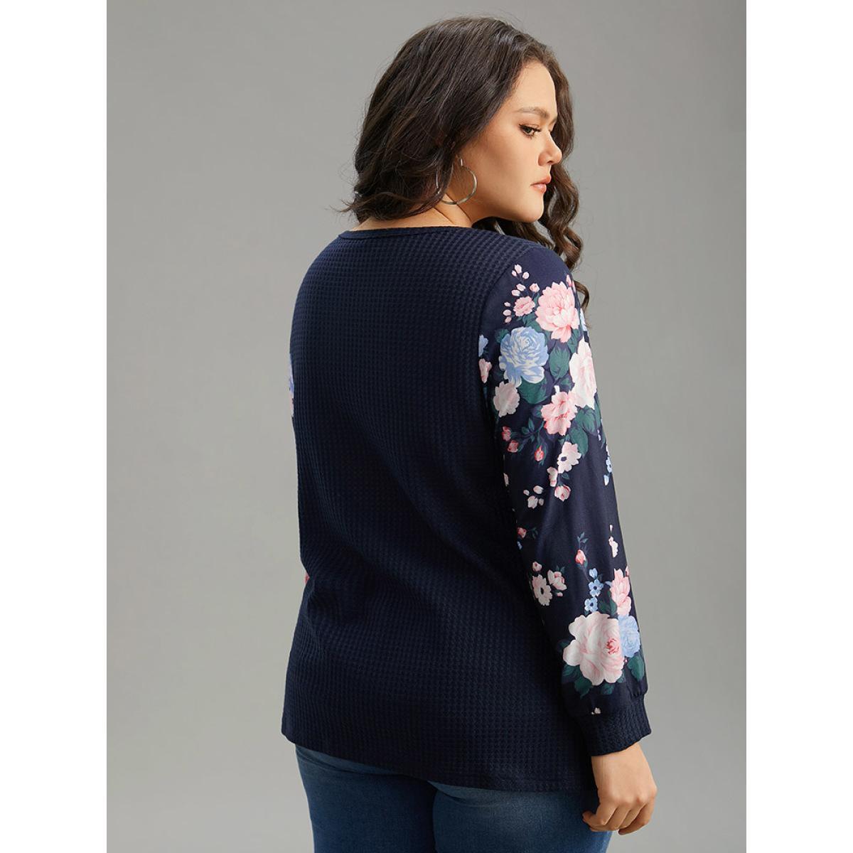 Plus Size Waffle Knit Floral Patchwork Button Up T-shirt Blue Women Casual Printed Floral Open Front Loose Dailywear T-shirts BloomChic 10/M Product Image