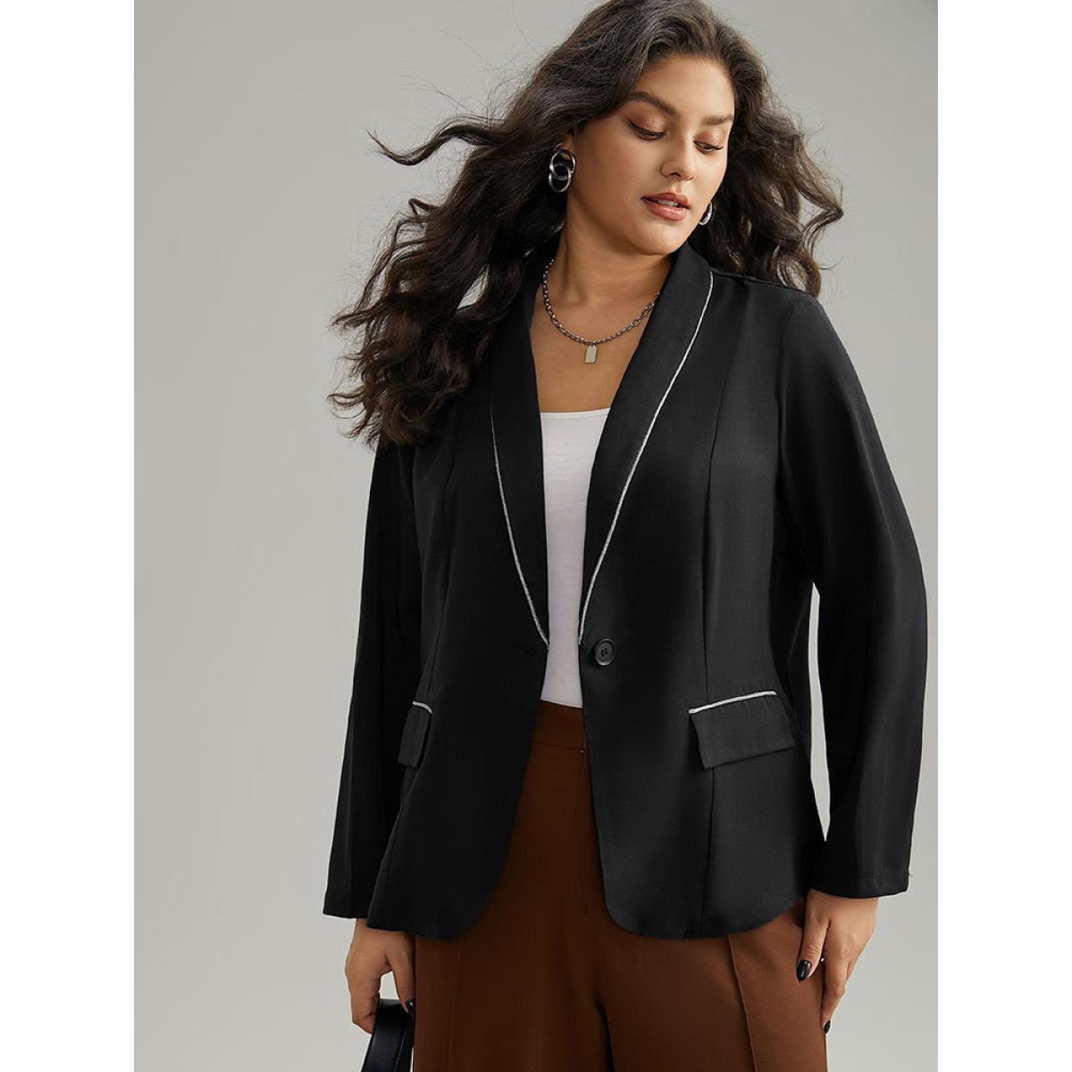 Plus Size Twill Patchwork Contrast Trim Button Up Blazer Black Women Work Plain Contrast Sleeve Long Sleeve Suit Collar 26/4X Office Blazers BloomChic Product Image