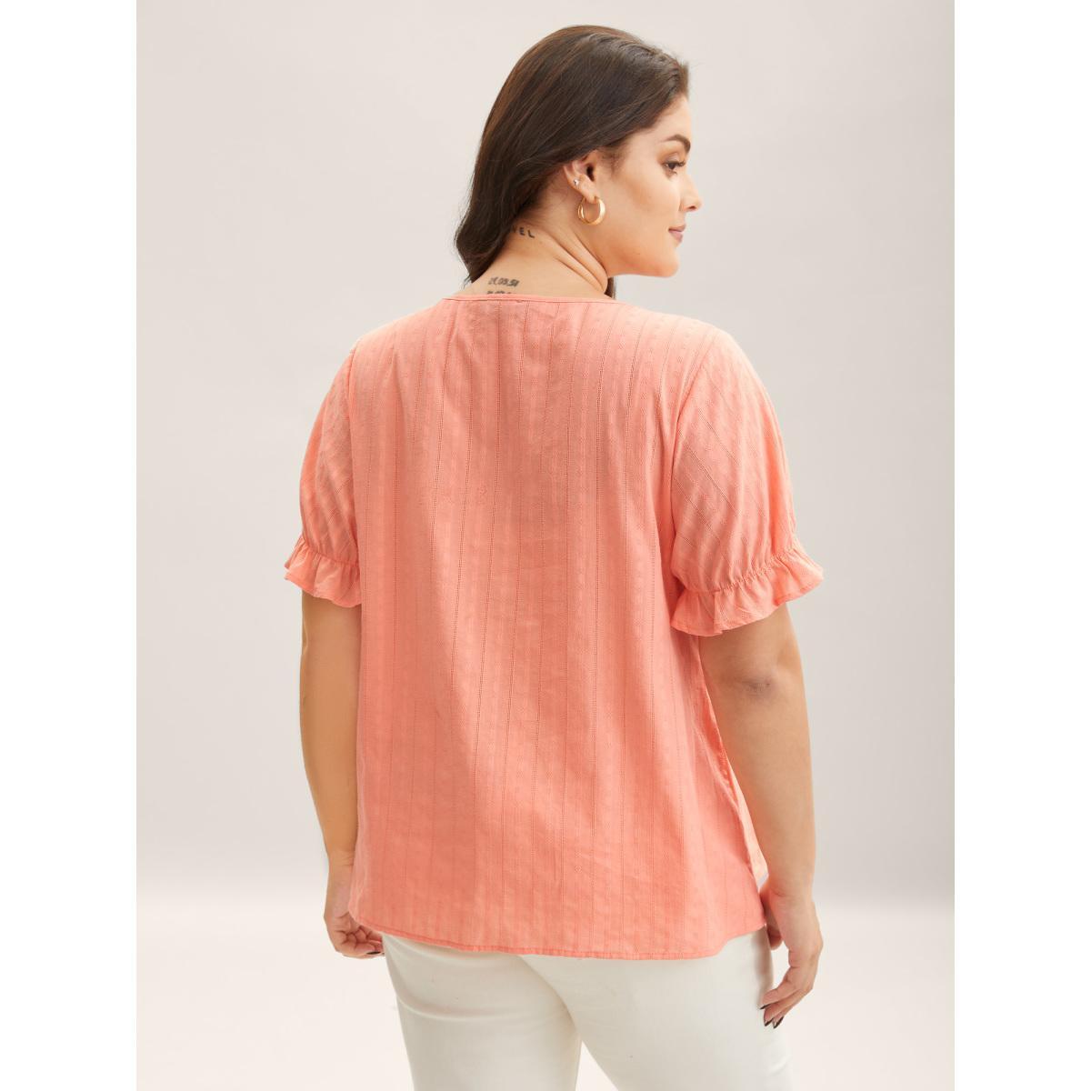 Plus Size Salmon Cotton Square Neck Ruffled Sleeve Shirt Women Elegant Short sleeve Square Neck Everyday Blouses BloomChic 26/4X Product Image