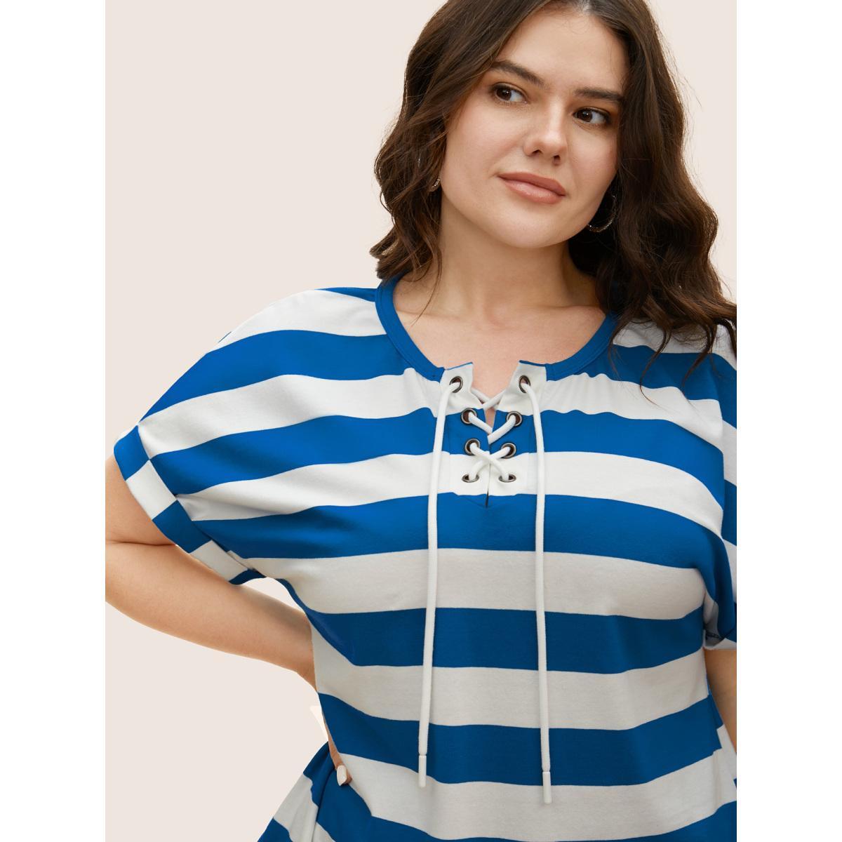 Plus Size Striped Lace Up Arc Hem Batwing Sleeve T-shirt Mediumblue Women Casual Eyelet Round Neck Everyday T-shirts BloomChic 10/M Product Image
