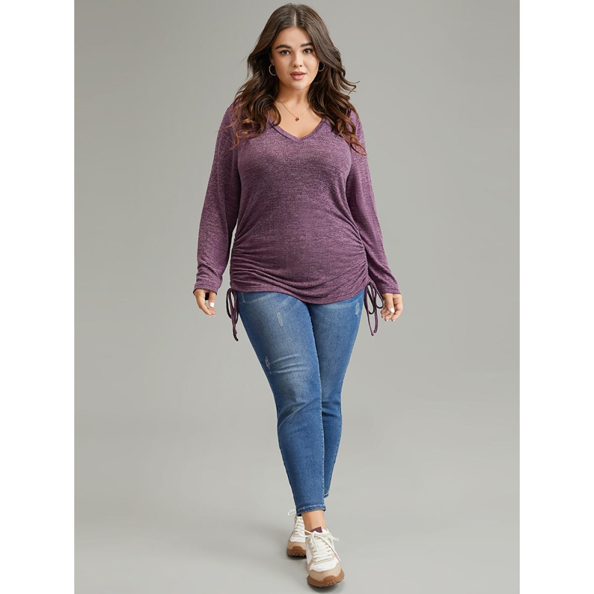 Plus Size Solid Drawstring Heather V Neck T-shirt Purple Women Casual Plain Plain V-neck Dailywear T-shirts BloomChic 26/4X Product Image