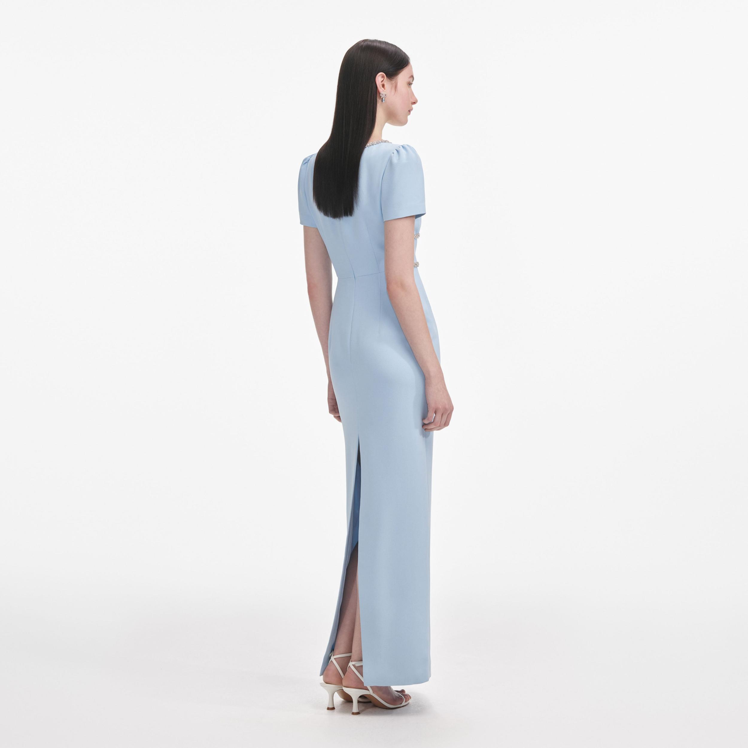 Blue Crepe Crystal Trim Maxi Dress Product Image
