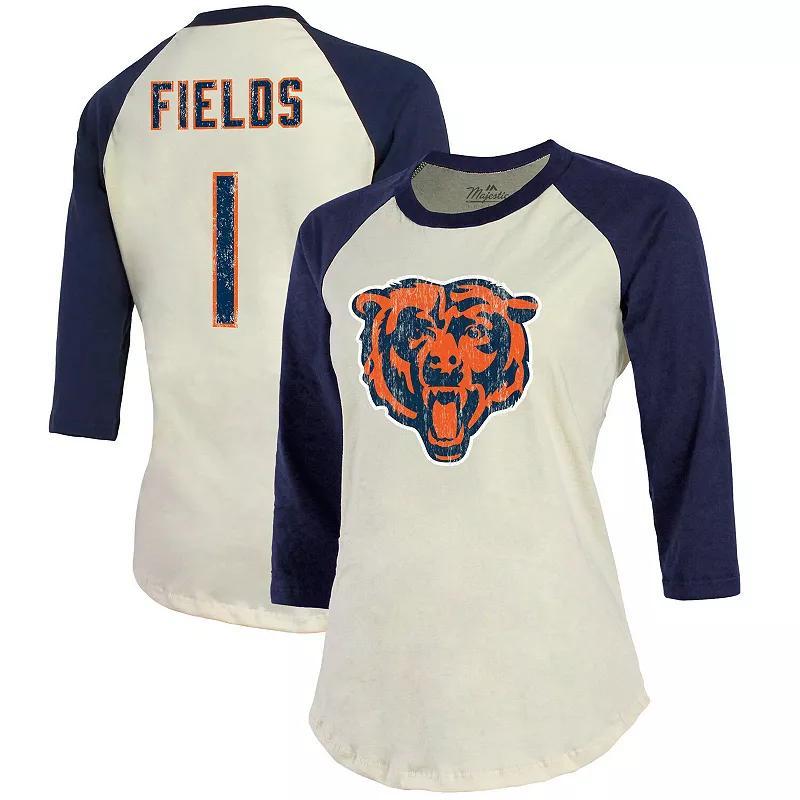 Women's Fanatics Branded Justin Fields Cream/Navy Chicago Bears Player Name & Number Raglan 3/4-Sleeve T-Shirt, Size: Small, Beige Product Image