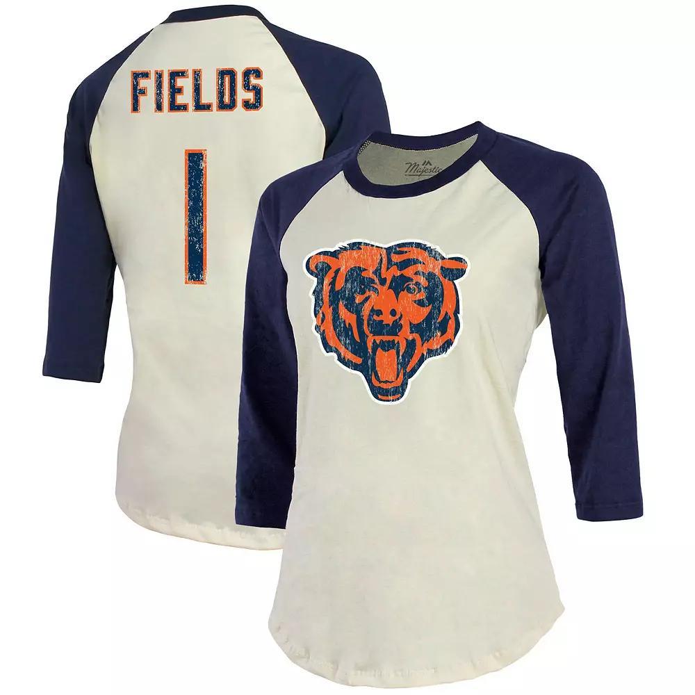 Women's Fanatics Branded Justin Fields Cream/Navy Chicago Bears Player Name & Number Raglan 3/4-Sleeve T-Shirt, Size: Small, Beige Product Image