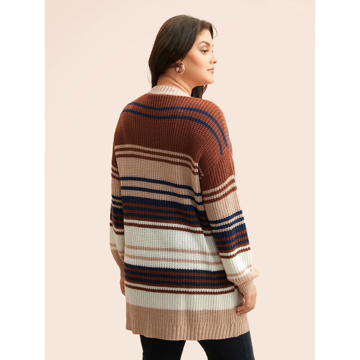 Plus Size Contrast Striped Pocket Drop Shoulder Cardigan Browncoffeecolor Women Casual Loose Long Sleeve Everyday Cardigans BloomChic 12/L Product Image
