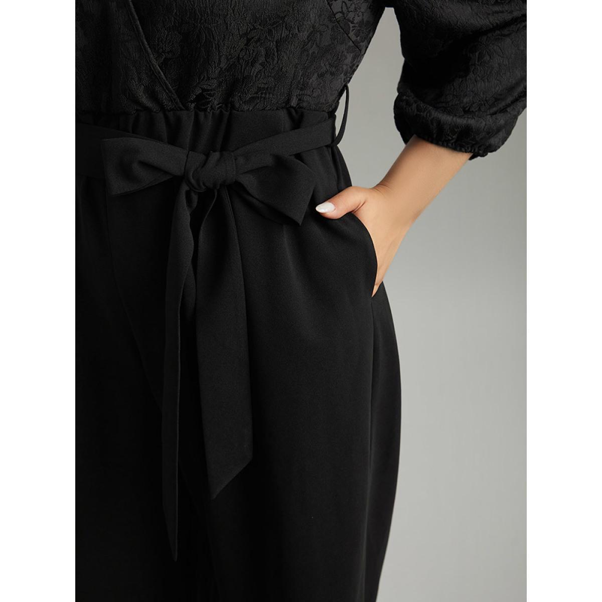 Plus Size Black Plain Textured Belted Wrap Jumpsuit Women Party Elbow-length sleeve Overlap Collar Going out Loose Jumpsuits BloomChic 12/L Product Image