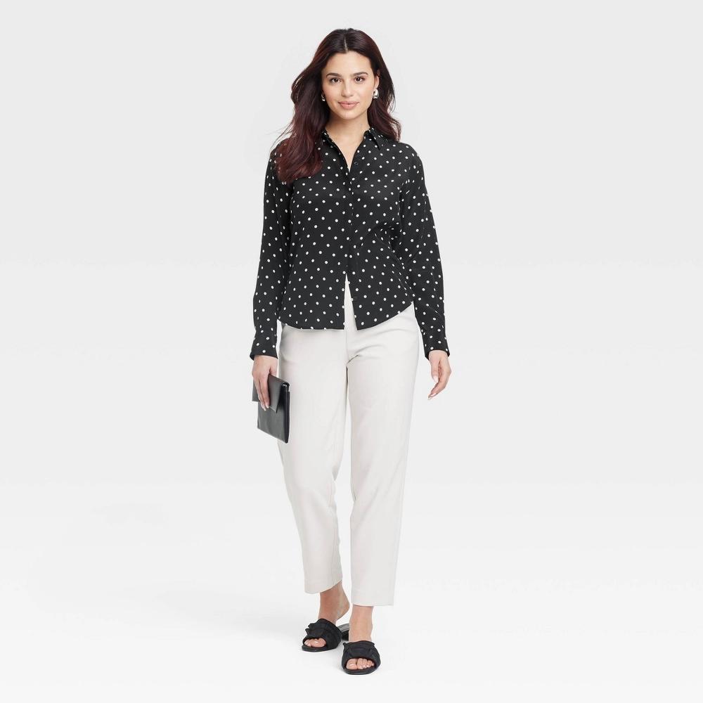 Womens Long Sleeve Collared Button-Down Shirt - A New Day Polka Dots XL: Relaxed Fit, Crepe Fabric Product Image