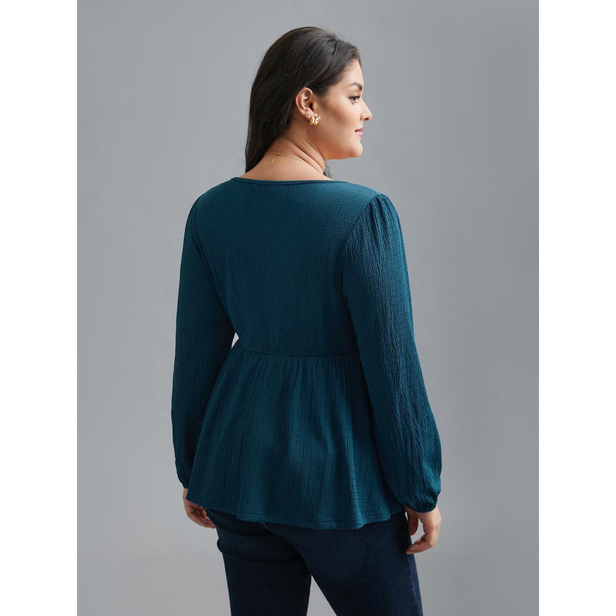 Plus Size Aegean Heart Neckline Solid Gathered Blouse Women Elegant Long Sleeve Heart neckline Everyday Blouses BloomChic 10/M Product Image