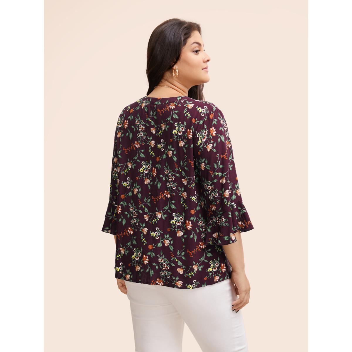 Plus Size Plum Ditsy Floral Pleated Flutter Sleeve Blouse Women Elegant Elbow-length sleeve Flat collar with V-notch Everyday Blouses BloomChic 22-24/3X Product Image