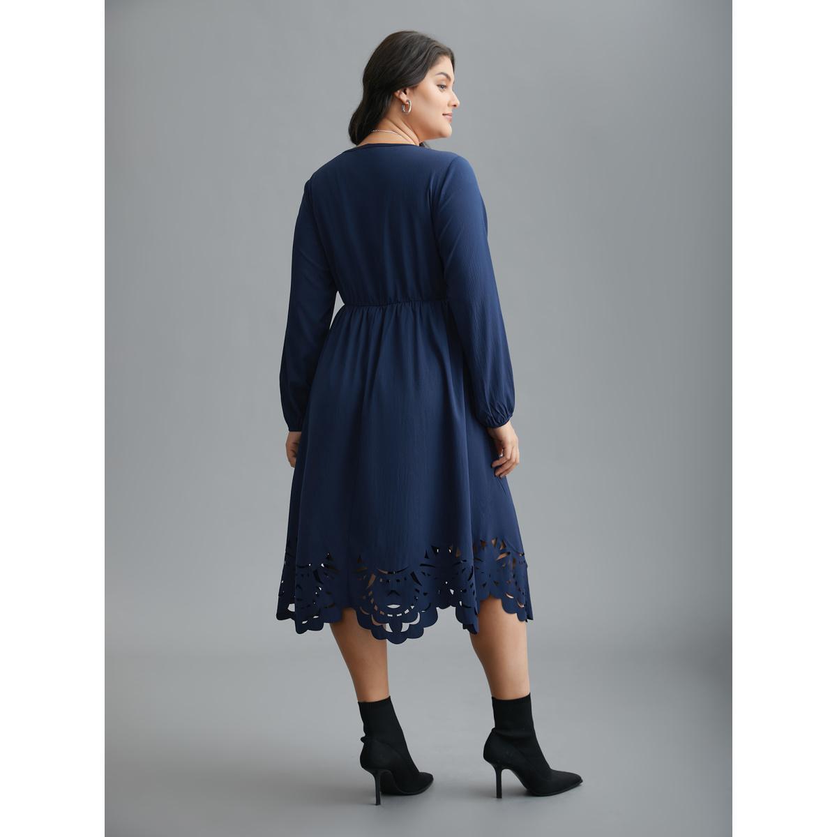 Plus Size Laser Cut Elastic Waist Pocketed Midi Dress Navy Women Elegant Texture V-neck Long Sleeve Curvy BloomChic 14-16/1X Product Image