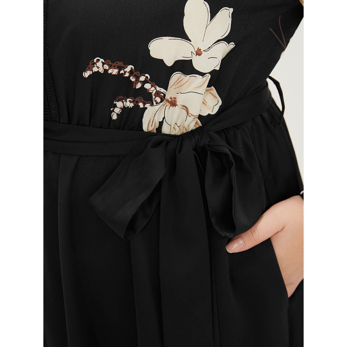 Plus Size Floral Pocket Broderie Anglaise Lantern Sleeve Belted Flutter Dress BlackFlower Women Elegant Pocket V-neck Long Sleeve Curvy Midi Dress BloomChic 22-24/3X Product Image