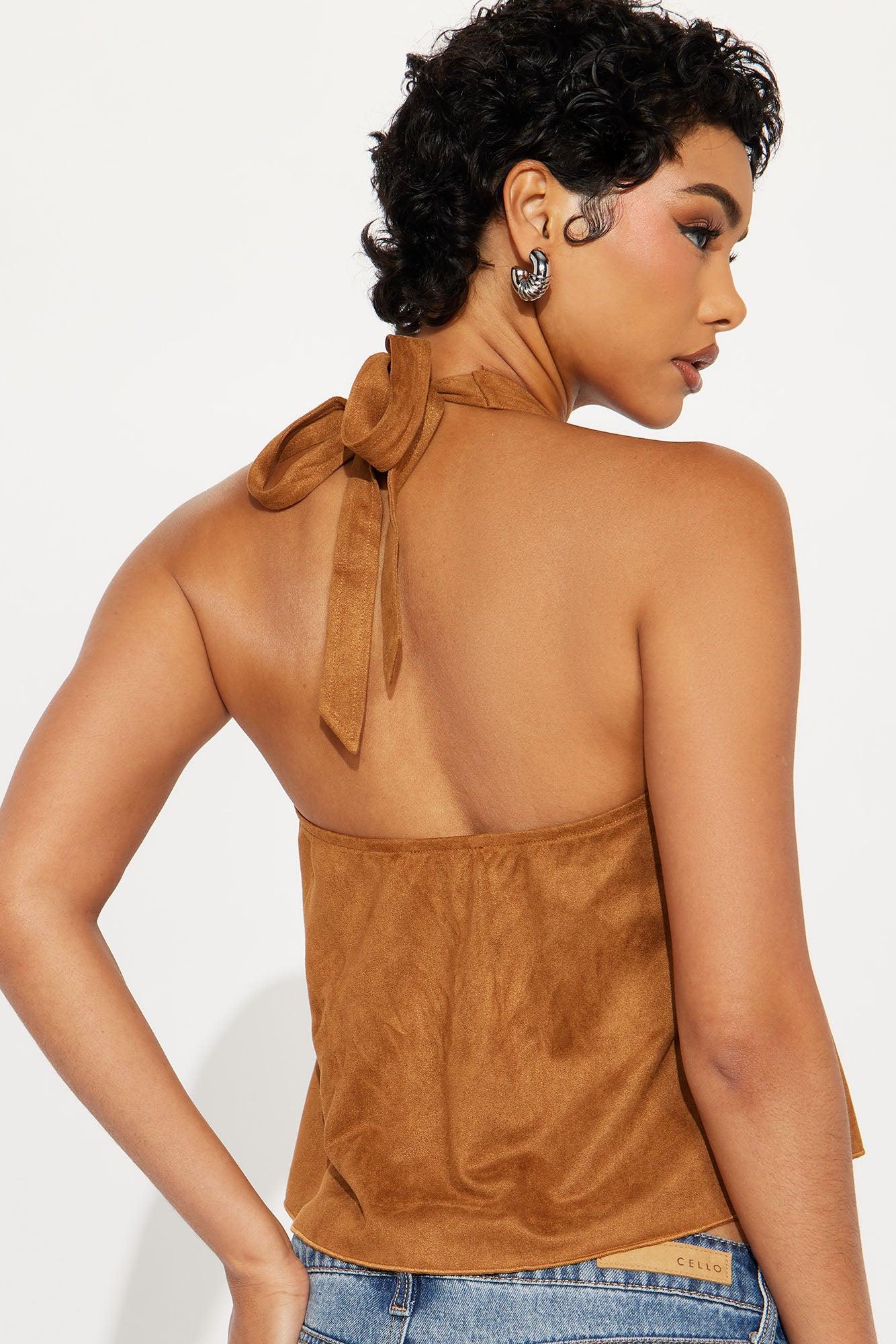 Boho Montage Faux Suede Halter Top - Camel Product Image