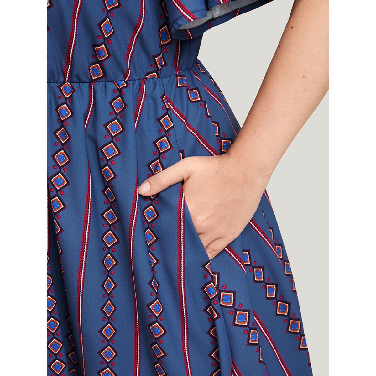 Plus Size Striped Pocket Split Flutter Wrap Midi Dress DarkBlue Women Casual Printed V-neck Short sleeve Curvy Midi Dress BloomChic 22-24/3X Product Image