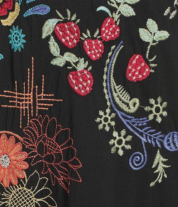 JOHNNY WAS Cora Embroidered Floral Knit Crew Neck Short Sleeve Asymmetrical Ruffle Hem Dress Product Image