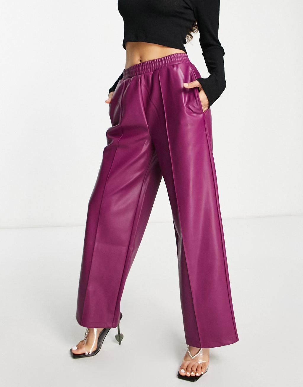 ASOS DESIGN Petite straight faux leather jogger pants in plum  Product Image