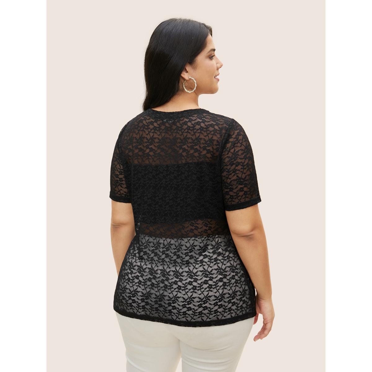 Plus Size Crochet Lace Mesh Crew Neck T-shirt Black Women Elegant See through Round Neck Bodycon Everyday T-shirts BloomChic 28/5X Product Image