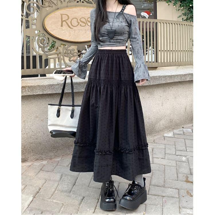 Elastic Waist Plain Frill Panel Maxi A-Line Skirt Product Image
