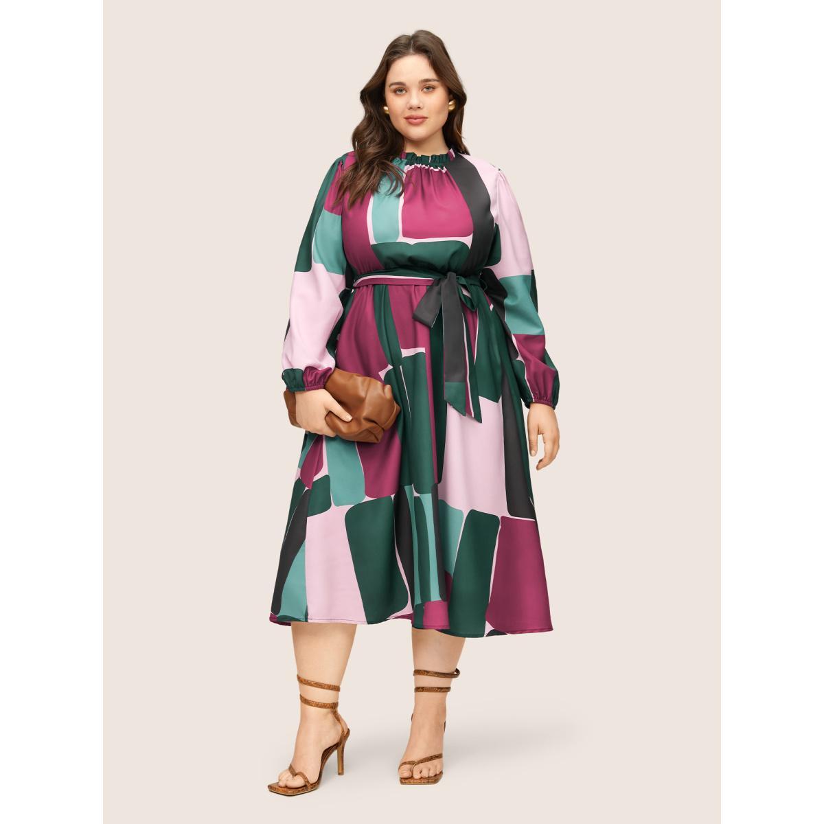 Plus Size Colorblock Contrast Gathered Frill Trim Belted Dress RedViolet Women Elegant Non Mock Neck Long Sleeve Curvy Midi Dress BloomChic 22-24/3X Product Image