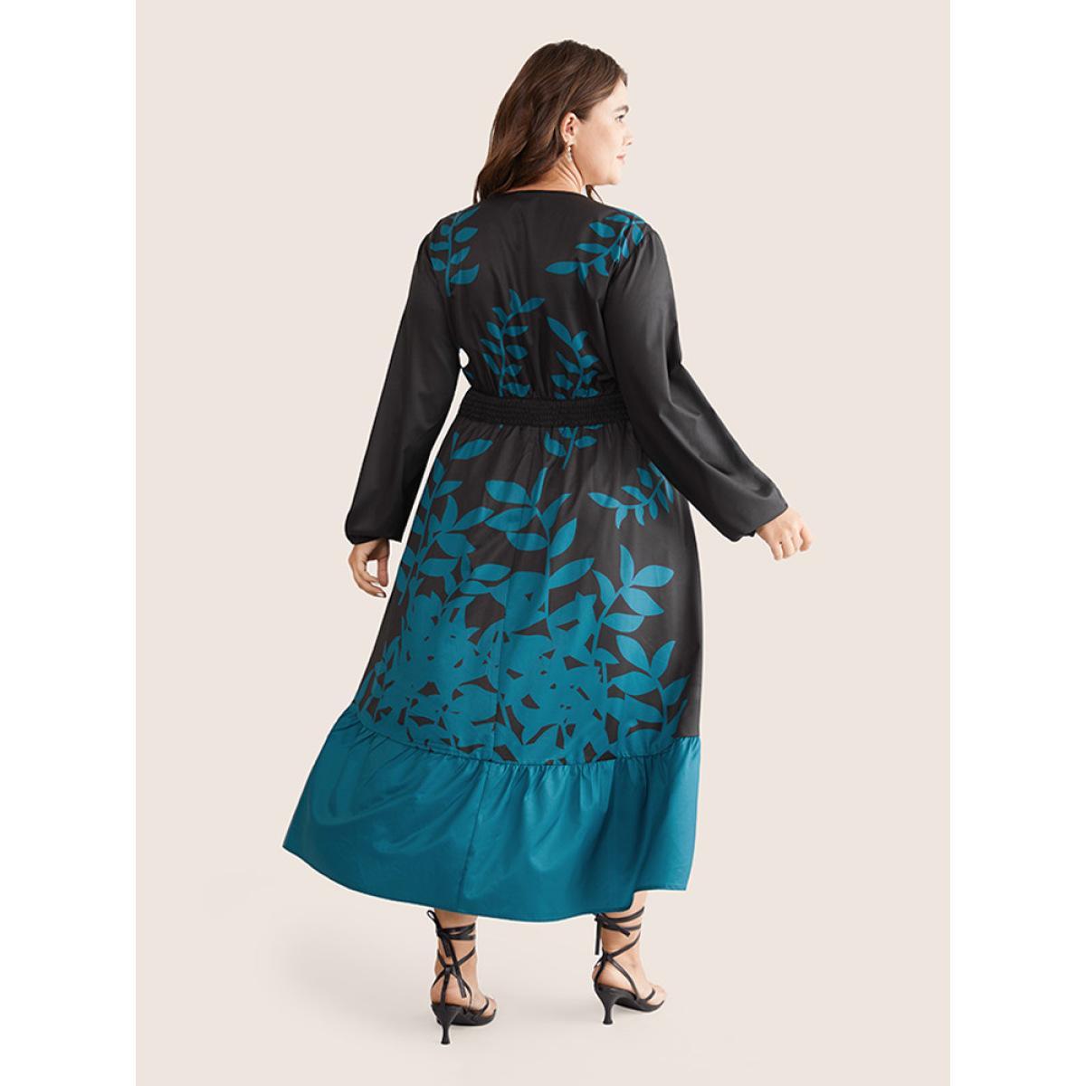 Plus Size Silhouette Floral Print Surplice Neck Shirred Dress Emerald Women Elegant Elastic cuffs Overlap Collar Long Sleeve Curvy Midi Dress BloomChic 10/M Product Image
